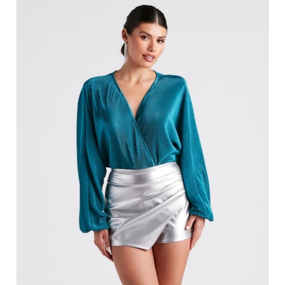 Windsor Tops - ♡ Teal Pleated Knit Bodysuit | Surplice Long Balloon Sleeves Faux Wrap M